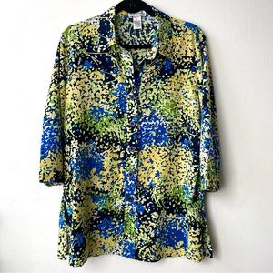 Draper’s & Damon’s Bright Floral Print Button Down Blouse Blue Yellow Green, L